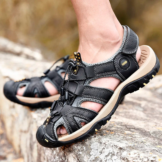 Men's Soft-Soled Leather Baotou Beach Sandals – Anti-Slip, Hollow Breathable, Casual Outdoor