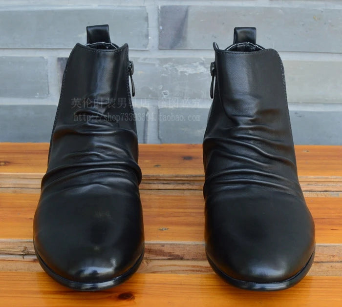 Men's Genuine Leather High Top Zip Ankle Boots – Pointed Toe, Dress Chelsea Boots