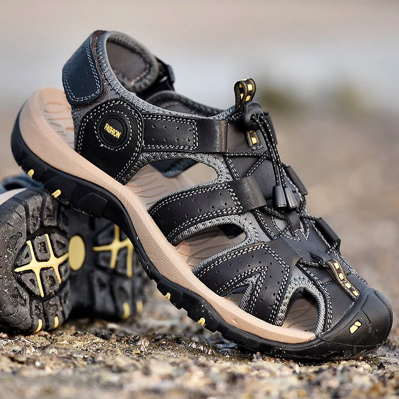 Men's Soft-Soled Leather Baotou Beach Sandals – Anti-Slip, Hollow Breathable, Casual Outdoor