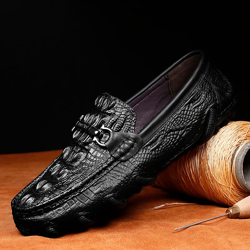 Luxury Genuine Leather Crocodile Style Loafers – Sheepskin Insole, Thick Bottom Driving Moccasins