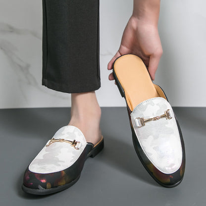 Men's Metallic Leather Half-Flip-Flops, Closed-Toe Sandals with Shallow V-Cut – New Style