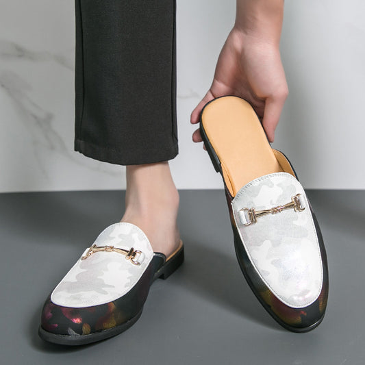 Men's Metallic Leather Half-Flip-Flops, Closed-Toe Sandals with Shallow V-Cut – New Style