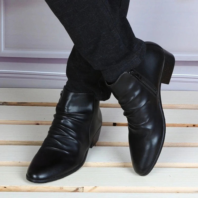 Men's Genuine Leather High Top Zip Ankle Boots – Pointed Toe, Dress Chelsea Boots