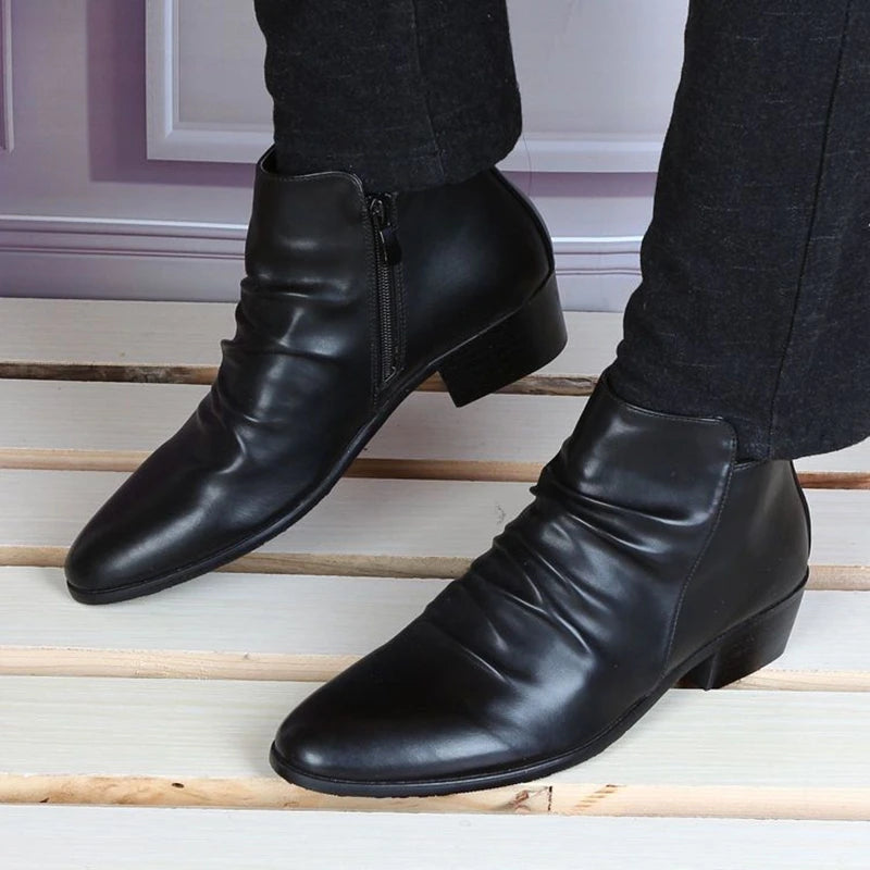 Men's Genuine Leather High Top Zip Ankle Boots – Pointed Toe, Dress Chelsea Boots