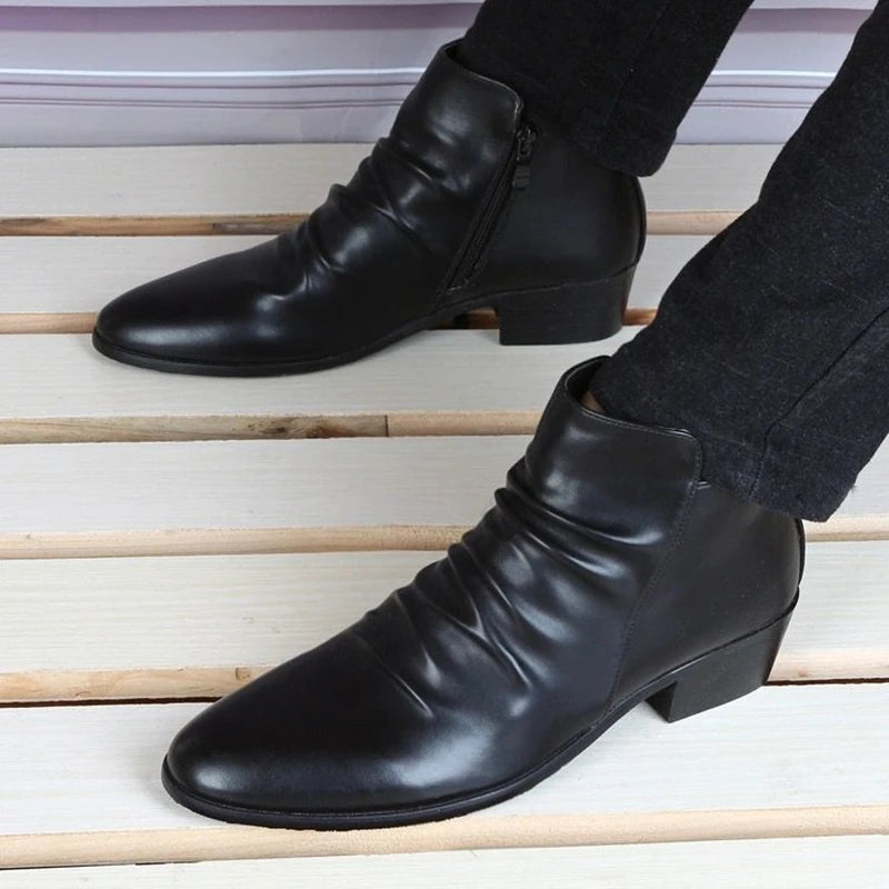 Men's Genuine Leather High Top Zip Ankle Boots – Pointed Toe, Dress Chelsea Boots