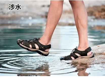 Men's Soft-Soled Leather Baotou Beach Sandals – Anti-Slip, Hollow Breathable, Casual Outdoor