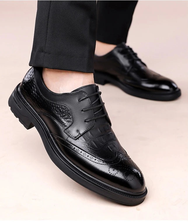 Men's Korean-Style Solid Cow Leather Brogue Shoes – Lace-Up, Height Increasing, Business Casual