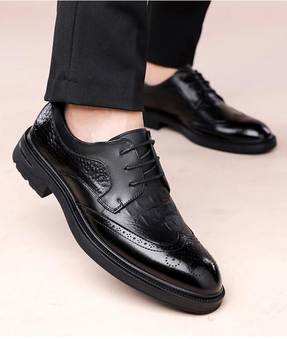 Men's Korean-Style Solid Cow Leather Brogue Shoes – Lace-Up, Height Increasing, Business Casual
