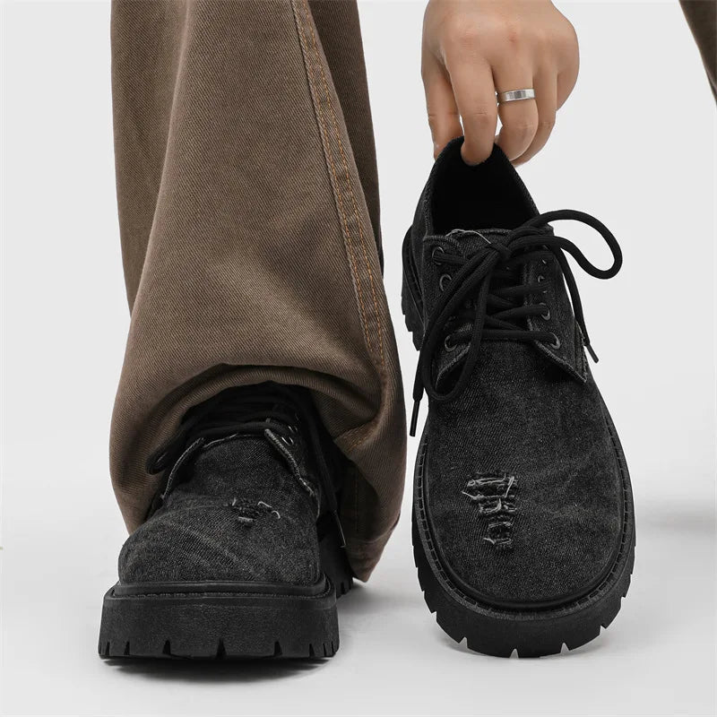 Men's Distressed Denim Derby Platform Boots – Chunky Grunge, Height Increasing, Streetwear Footwear