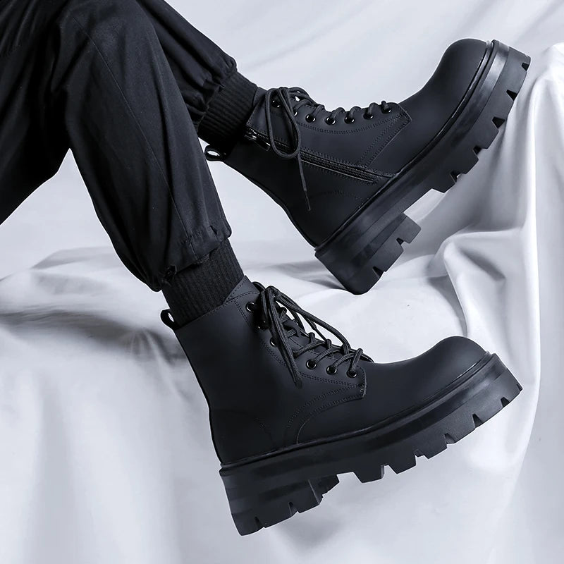 STRONGSHEN Men's High-Top Motorcycle Ankle Boots – Waterproof Split Leather, Fleece Lining, Platform Winter Boots
