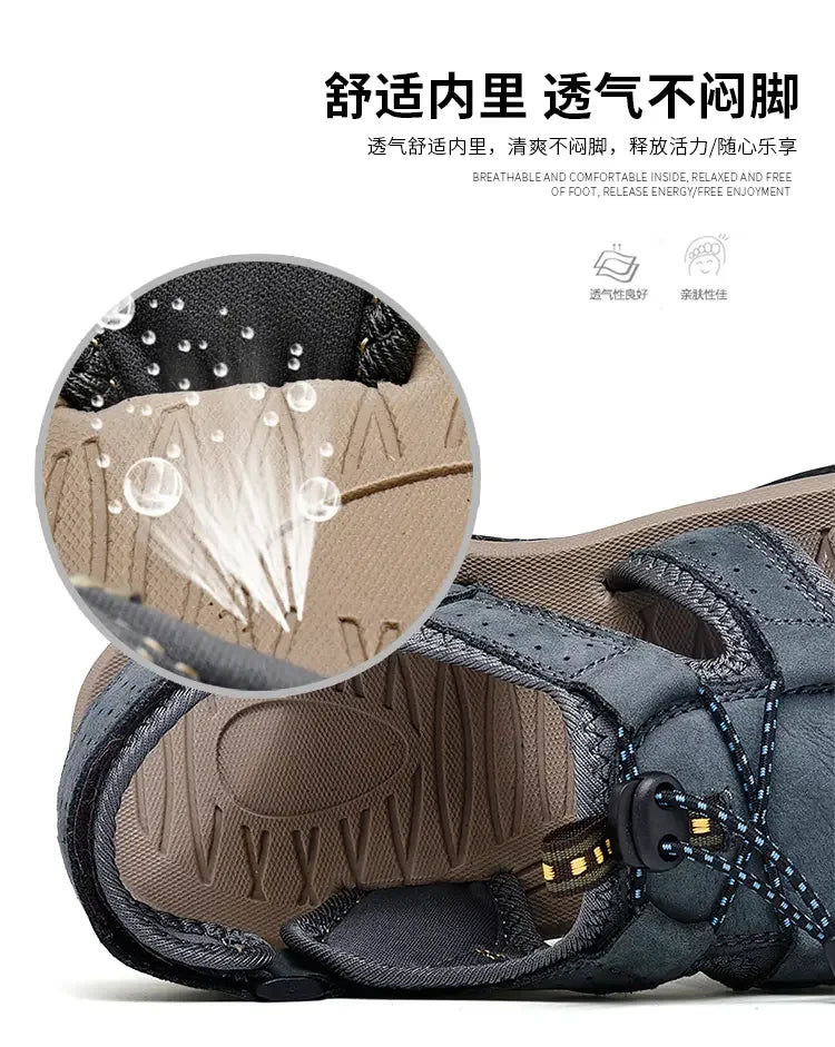 Men's Soft-Soled Leather Baotou Beach Sandals – Anti-Slip, Hollow Breathable, Casual Outdoor