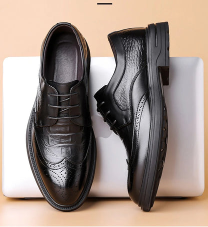 Men's Korean-Style Solid Cow Leather Brogue Shoes – Lace-Up, Height Increasing, Business Casual
