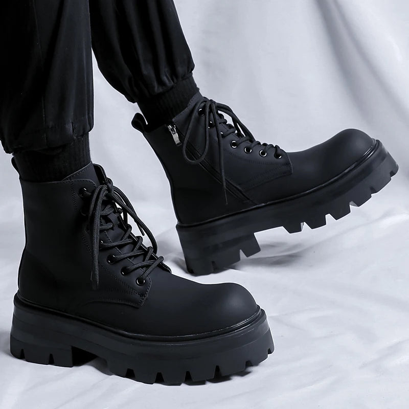 STRONGSHEN Men's High-Top Motorcycle Ankle Boots – Waterproof Split Leather, Fleece Lining, Platform Winter Boots