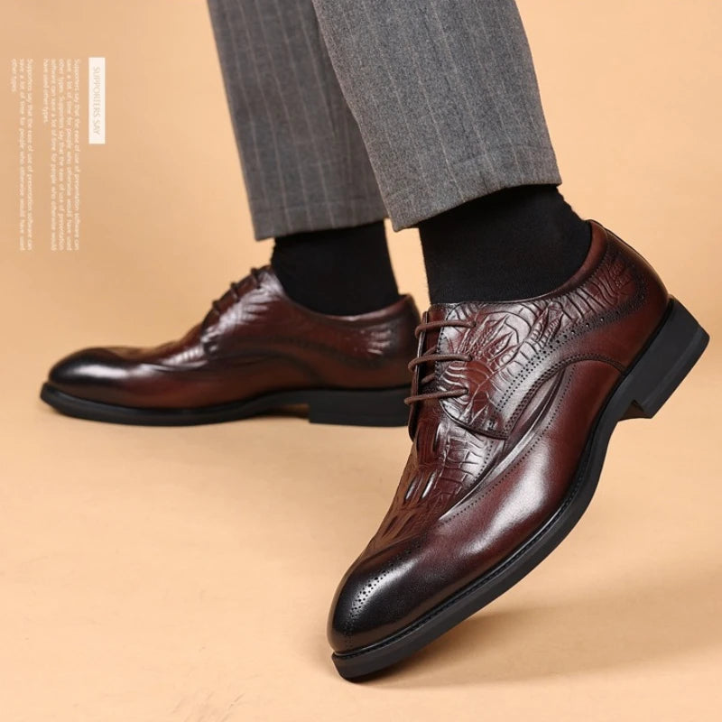 COW LEATHER Men Business Brocade Carving Leather Shoes Pointed Handmade Crocodile Pattern Fashion Business Dress Leather Shoes
