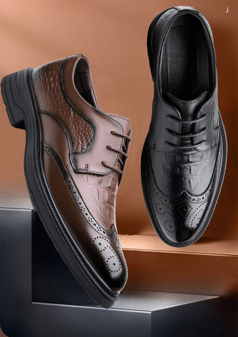 Men's Korean-Style Solid Cow Leather Brogue Shoes – Lace-Up, Height Increasing, Business Casual