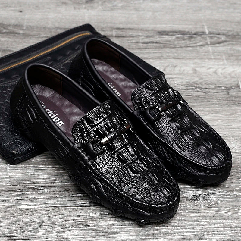 Luxury Genuine Leather Crocodile Style Loafers – Sheepskin Insole, Thick Bottom Driving Moccasins