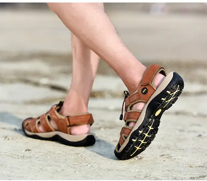 Summer Sandals Men's Baotou Beach Shoes Soft Soled Leather Anti Slip Outdoor Hollow Breathable Daily Casual Men's Shoes Slippers