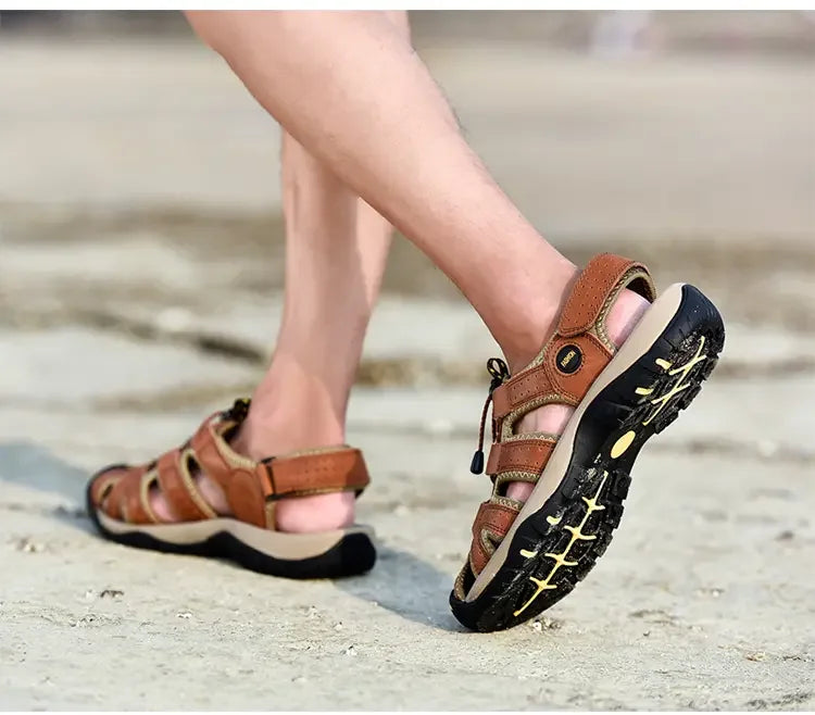 Men's Soft-Soled Leather Baotou Beach Sandals – Anti-Slip, Hollow Breathable, Casual Outdoor