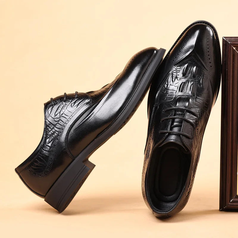Men's Genuine Cow Leather Derby Shoes – Crocodile Pattern, Pointed Toe