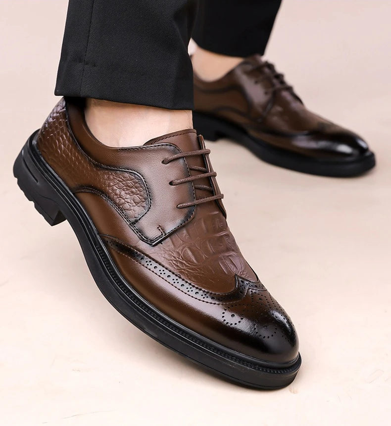Men's Korean-Style Solid Cow Leather Brogue Shoes – Lace-Up, Height Increasing, Business Casual