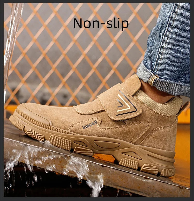 Men's Steel Toe Safety Boots – Cow Suede Leather, Platform, Hook & Loop Work Ankle Boots