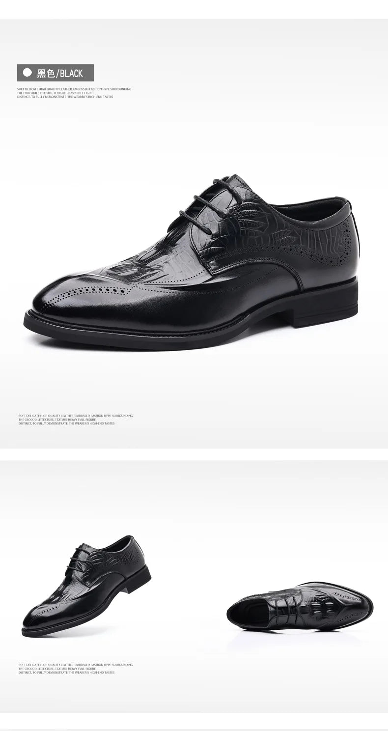 COW LEATHER Men Business Brocade Carving Leather Shoes Pointed Handmade Crocodile Pattern Fashion Business Dress Leather Shoes
