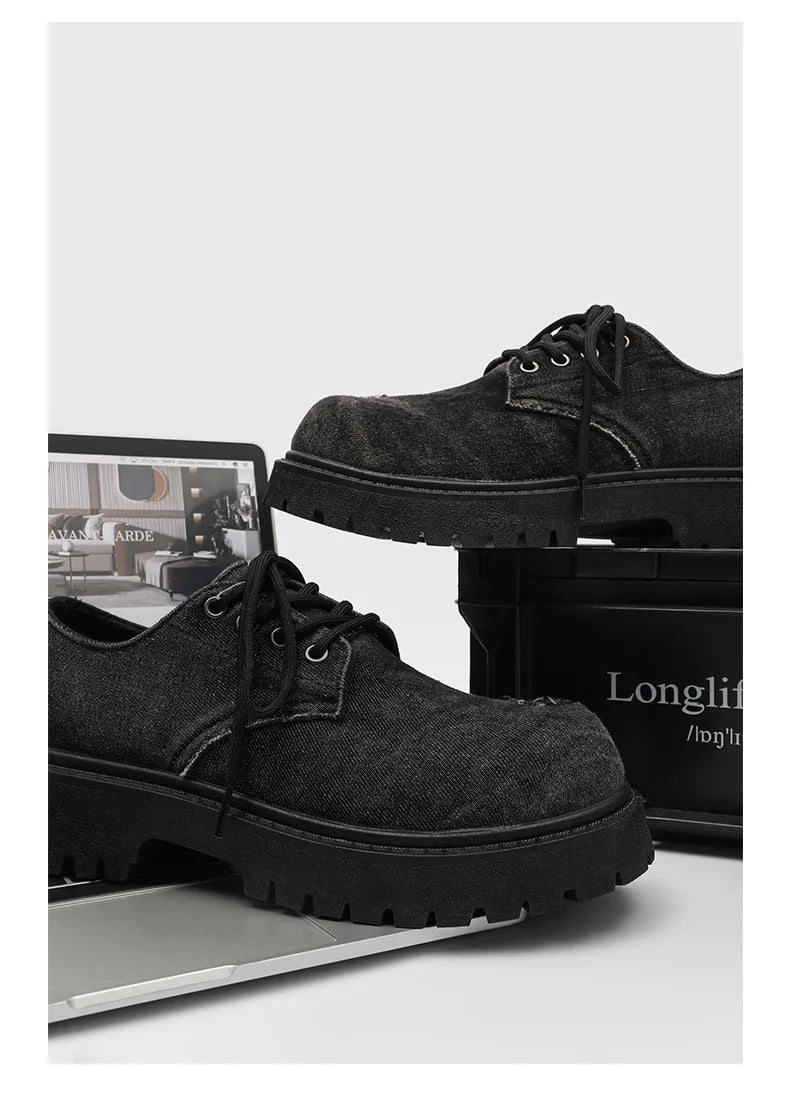 Men's Distressed Denim Derby Platform Boots – Chunky Grunge, Height Increasing, Streetwear Footwear