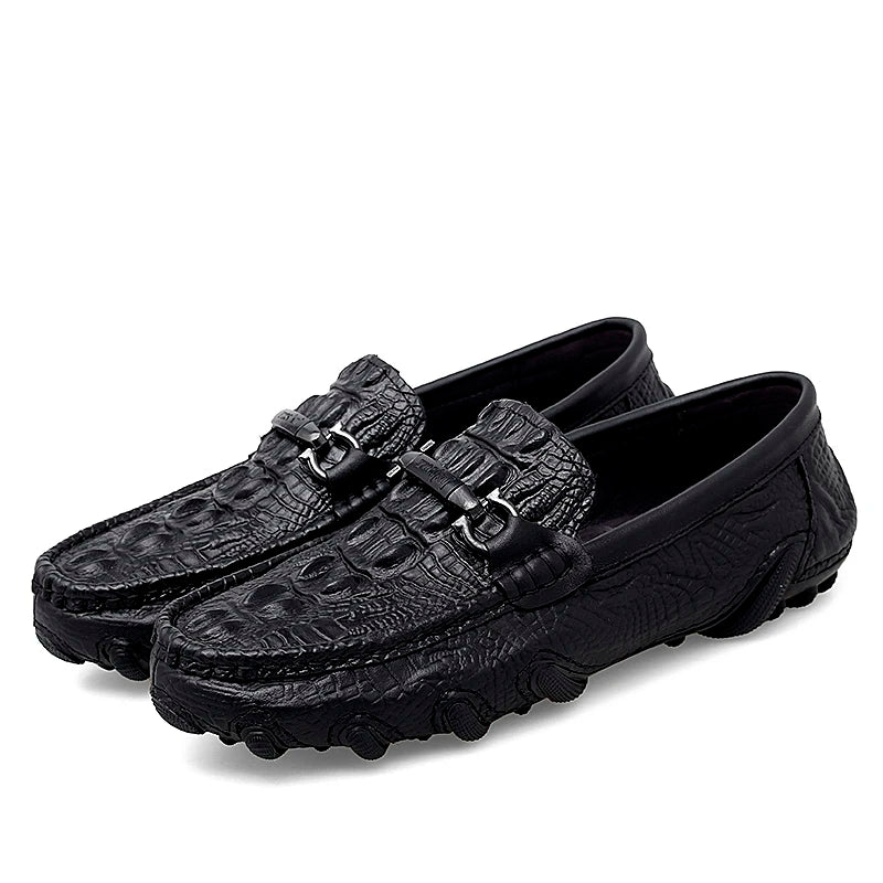 Luxury Genuine Leather Crocodile Style Loafers – Sheepskin Insole, Thick Bottom Driving Moccasins