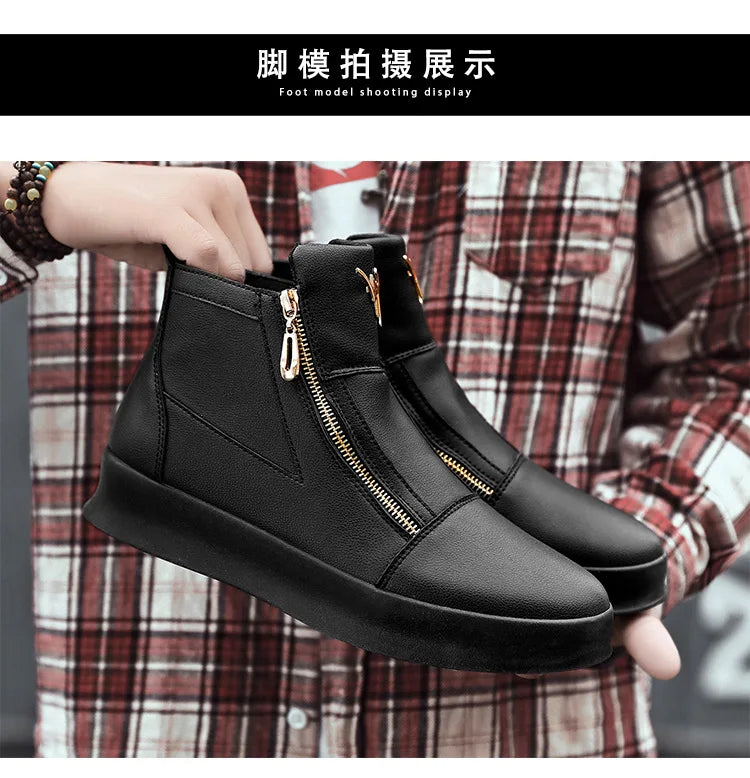 Men's High Top Zip Ankle Boots – Skateboard Style, Height Increasing, Korean Fashion Shoes