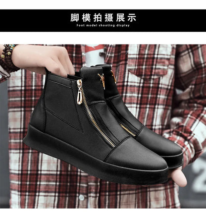 Men's High Top Zip Ankle Boots – Skateboard Style, Height Increasing, Korean Fashion Shoes