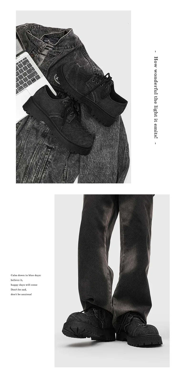 Men's Distressed Denim Derby Platform Boots – Chunky Grunge, Height Increasing, Streetwear Footwear