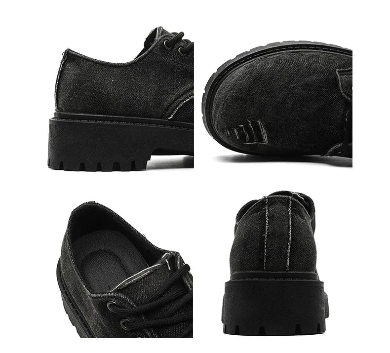 Men's Distressed Denim Derby Platform Boots – Chunky Grunge, Height Increasing, Streetwear Footwear