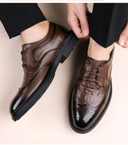 Men's Korean-Style Solid Cow Leather Brogue Shoes – Lace-Up, Height Increasing, Business Casual