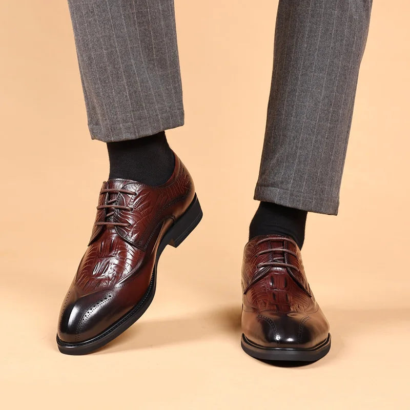 Men's Genuine Cow Leather Derby Shoes – Crocodile Pattern, Pointed Toe