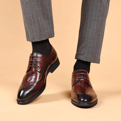 Men's Genuine Cow Leather Derby Shoes – Crocodile Pattern, Pointed Toe