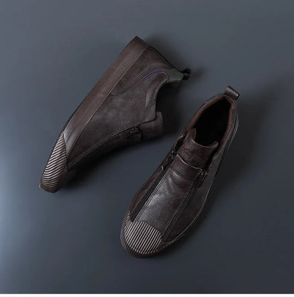 Men's Trendy PU Leather Soft Sole Casual Sneakers – Breathable, Height Increasing, Zip & Lace-Up