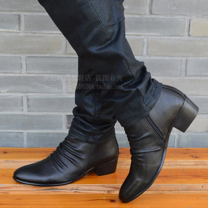 Men's Genuine Leather High Top Zip Ankle Boots – Pointed Toe, Dress Chelsea Boots