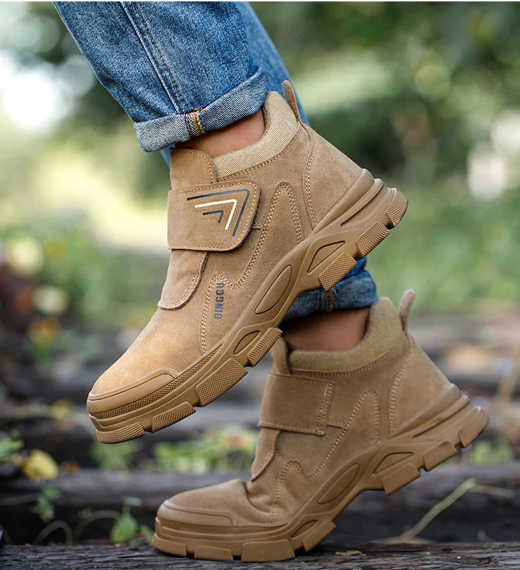 Men's Steel Toe Safety Boots – Cow Suede Leather, Platform, Hook & Loop Work Ankle Boots