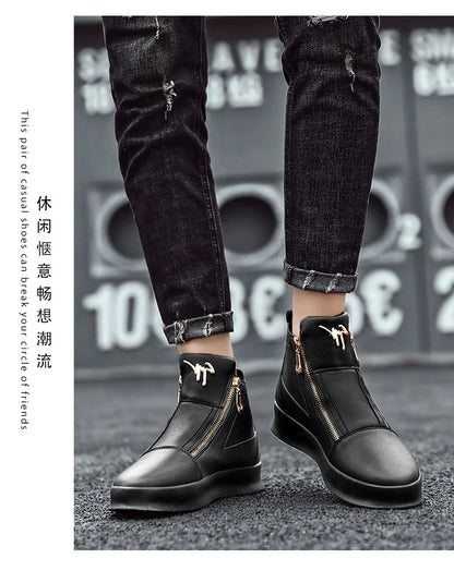Men's High Top Zip Ankle Boots – Skateboard Style, Height Increasing, Korean Fashion Shoes