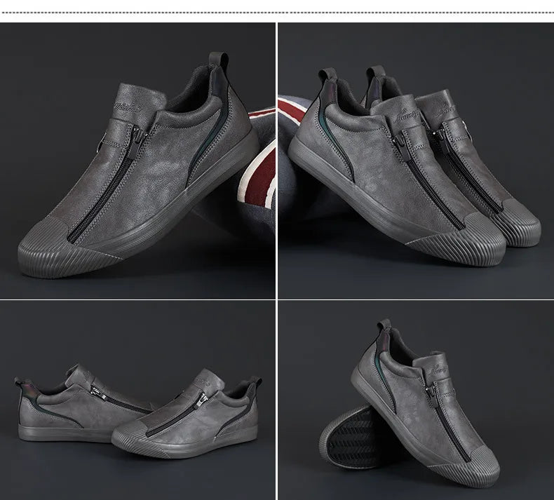 Men's Trendy PU Leather Soft Sole Casual Sneakers – Breathable, Height Increasing, Zip & Lace-Up