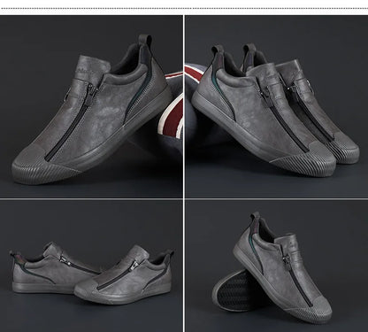 Men's Trendy PU Leather Soft Sole Casual Sneakers – Breathable, Height Increasing, Zip & Lace-Up