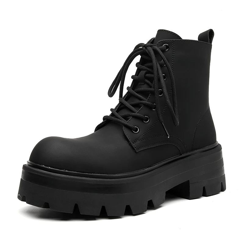 STRONGSHEN Men's High-Top Motorcycle Ankle Boots – Waterproof Split Leather, Fleece Lining, Platform Winter Boots