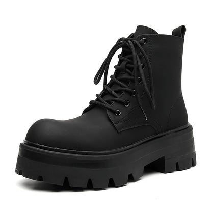 STRONGSHEN Men's High-Top Motorcycle Ankle Boots – Waterproof Split Leather, Fleece Lining, Platform Winter Boots