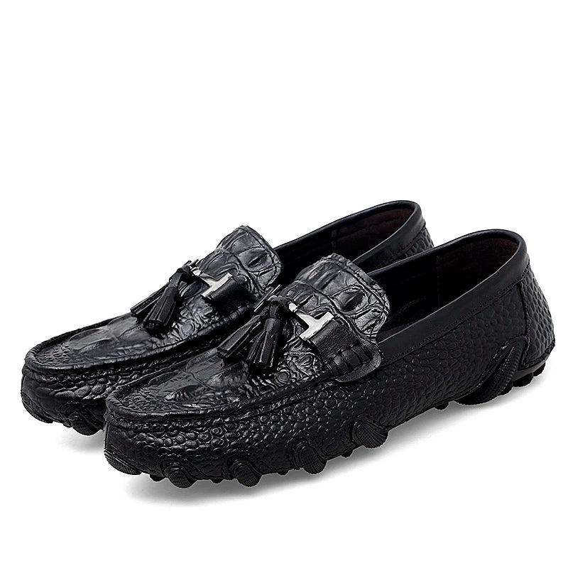 Luxury Genuine Leather Crocodile Style Loafers – Sheepskin Insole, Thick Bottom Driving Moccasins