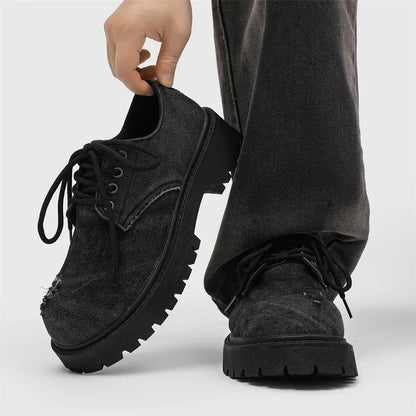 Men's Distressed Denim Derby Platform Boots – Chunky Grunge, Height Increasing, Streetwear Footwear