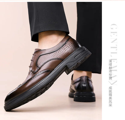 Men's Korean-Style Solid Cow Leather Brogue Shoes – Lace-Up, Height Increasing, Business Casual