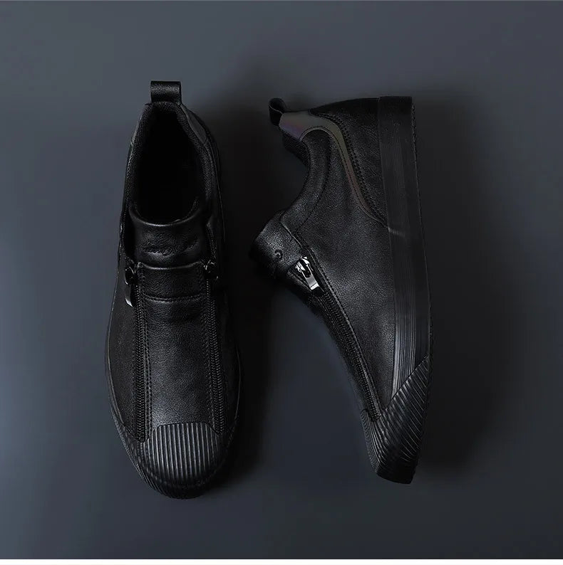 Men's Trendy PU Leather Soft Sole Casual Sneakers – Breathable, Height Increasing, Zip & Lace-Up