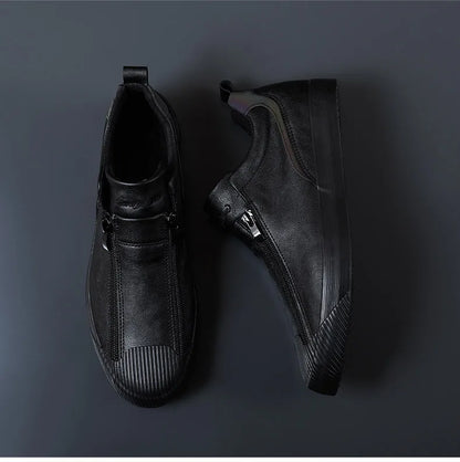 Men's Trendy PU Leather Soft Sole Casual Sneakers – Breathable, Height Increasing, Zip & Lace-Up