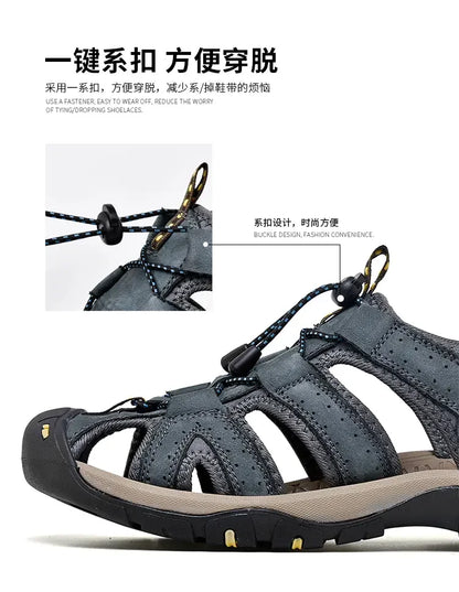 Men's Soft-Soled Leather Baotou Beach Sandals – Anti-Slip, Hollow Breathable, Casual Outdoor