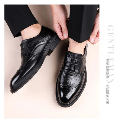 Men's Korean-Style Solid Cow Leather Brogue Shoes – Lace-Up, Height Increasing, Business Casual